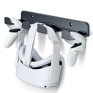 Black VR wall mount holding a headset and controllers neatly against a wall