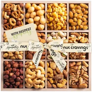 Nut Cravings wooden tray sympathy basket with 12 nut varieties and sympathy ribbon