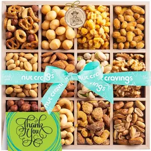 Nut Cravings Thank You nuts gift basket in a reusable wooden tray with turquoise ribbon