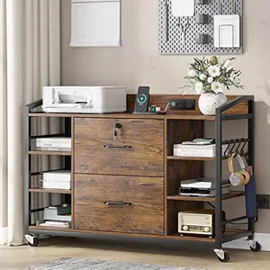 Rustic brown SEDETA filing cabinet with power strip and casters