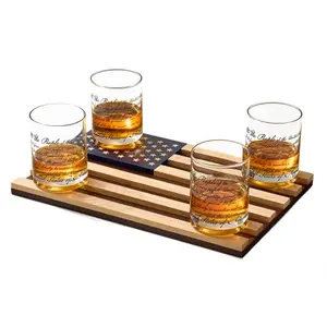 Set of four Constitution whiskey glasses on a wooden American flag tray with bullet accent