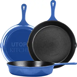 Utopia Kitchen cast iron skillet set of three with blue handles