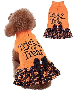 CuteBone Halloween Dog Sweater Dress on a small dog with bowtie and rhinestone details