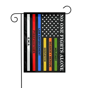 Double-sided garden flag with multi-colored thin lines and 'No One Fights Alone' text honoring all first responders