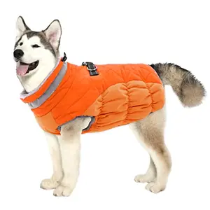 Orange Lelepet turtleneck dog coat with reflective strip on a large dog