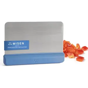 Misen bench scraper with vibrant blue silicone handle and riveted stainless steel blade