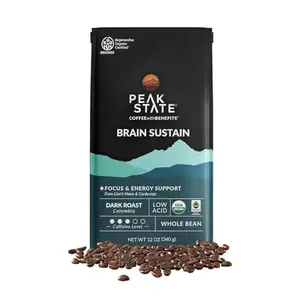 Peak State dark roast mushroom coffee whole bean bag