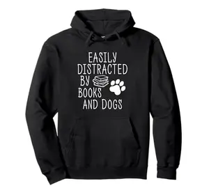 Navy hoodie with white graphic of books and a dog paw, saying 'Easily Distracted By Books And Dogs'.