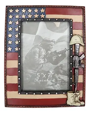 American flag photo frame with fallen soldier helmet rifle boots sculpture for 5x7