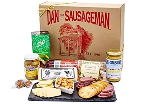 Dan the Sausageman Juneau Gourmet gift basket with original summer sausage, Wisconsin cheese, mustard, crackers, olives, nuts and candy
