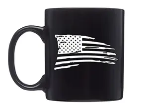 Rogue River Tactical black mug with distressed tattered American flag design