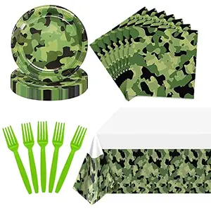 Lousuip camouflage party supplies set including plates, napkins, forks, and tablecloth laid out on a camo tablecloth