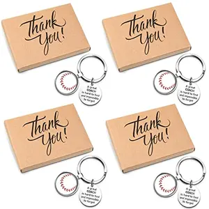 Set of four baseball-themed coach appreciation keychains in gift boxes