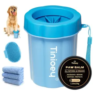Tinioey dog paw cleaner cup with included towels, brush, and paw balm