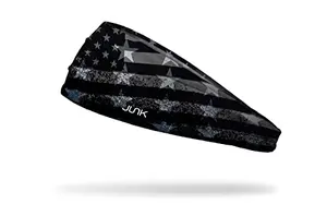 JUNK Big Bang Lite Headband in Liberty pattern showing moisture-wicking fabric and non-slip fit on a runner
