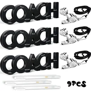 Three wooden coach signs with three stainless steel whistles and three pens