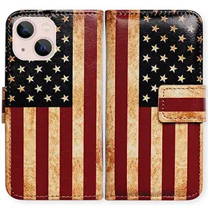 Bcov retro American flag leather flip wallet iPhone 14 case with card slots and kickstand