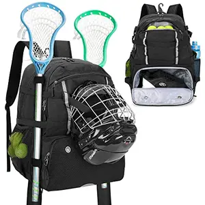 DSLEAF black lacrosse backpack showing multiple pockets