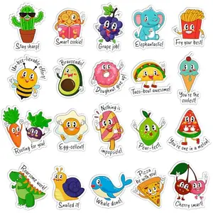 Cute animal and food stickers with punny sayings on sheets