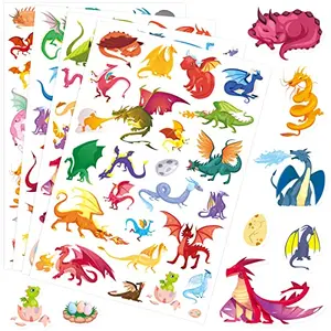 Colorful cartoon dragon stickers on sheets, showing variety of cute designs