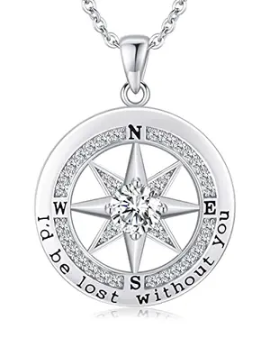 Gifon compass necklace in white gold tone with engraved message