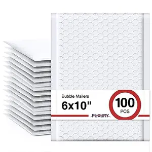 White Fuxury bubble mailers in a stack of 100, economical padded envelopes for small delicate items