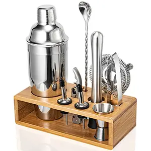 Semderm 10-piece cocktail shaker set with bamboo stand, compact and elegant on kitchen counter