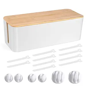 TuweChen large cable management box in white with wooden lid and cable accessories