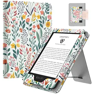 MoKo Kindle case with floral pattern, showing stand, card slot, and hand strap