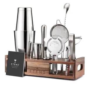 ETENS 15-piece bartender kit with walnut wood stand and stainless steel tools