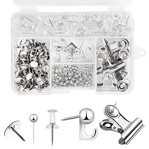 BESARME 310-piece silver push pins set in box with clips and hooks