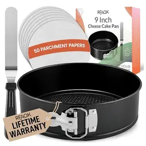 RFAQK 9 inch springform pan with black nonstick coating, spatula and parchment