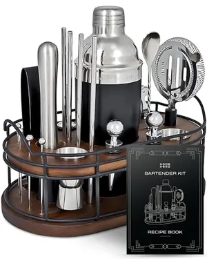 Home Hero 22-piece bar tool set with wooden stand and recipe book, displayed on home bar