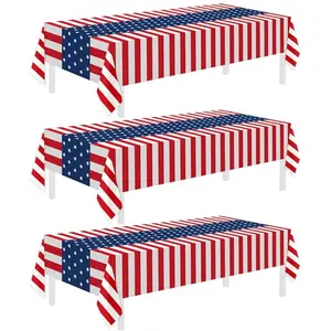 Three patriotic-themed plastic tablecloths for 4th of July parties, red white and blue patterns