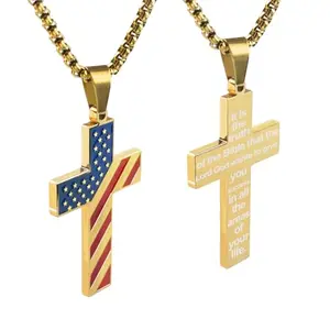 Ironkoi stainless steel American flag cross necklace with Bible verse on 18+2 inch chain