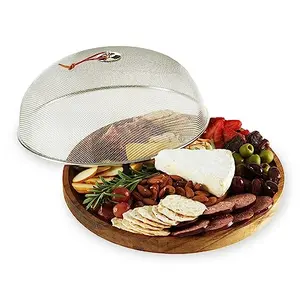 Round acacia wood and slate charcuterie board with mesh dome cover