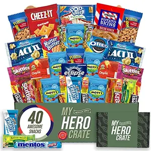 Heavy-duty flip-top box filled with 40 American-made snack items