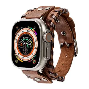 KONAFEI brown vintage woven leather Apple Watch band with cuff style on a rustic wood surface