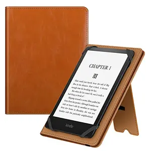 Fintie universal brown PU leather sleeve for e-readers, showing foldable stand and card slot