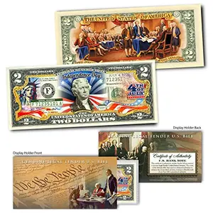4th of July Commemorative Two Dollar Bill with American Flag Display
