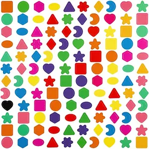 Colorful multi-shape stickers including circles, squares, triangles, hearts, and stars on sheets