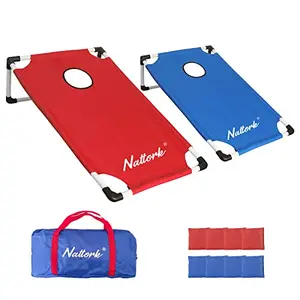 BASYNOL portable cornhole set with flag print on a lawn, foldable into a small carry bag