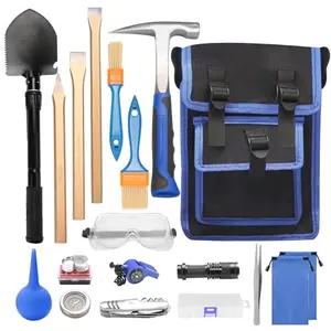 19-piece rock hounding kit in a canvas bag with hammer, chisels, and shovel
