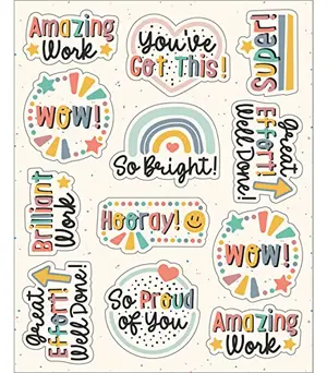 Sheet of boho-themed teacher stickers with inspirational sayings and rainbow art