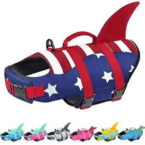 Dog in Malier American flag shark life jacket