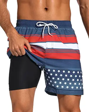 SILKWORLD Men's American Flag Swim Trunks with Zip Pockets