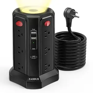 PASSUS power strip tower with night light and long cord on white background