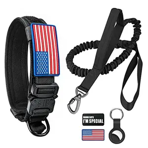 CELIFELIGHT tactical dog collar and bungee leash set with metal buckle and USA flag patch on black nylon