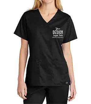 Custom embroidered women's black v-neck scrub shirt with personalized logo on pocket