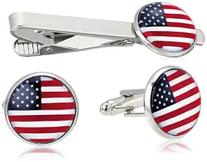 Silver American flag tie bar and cufflinks set on a navy suit